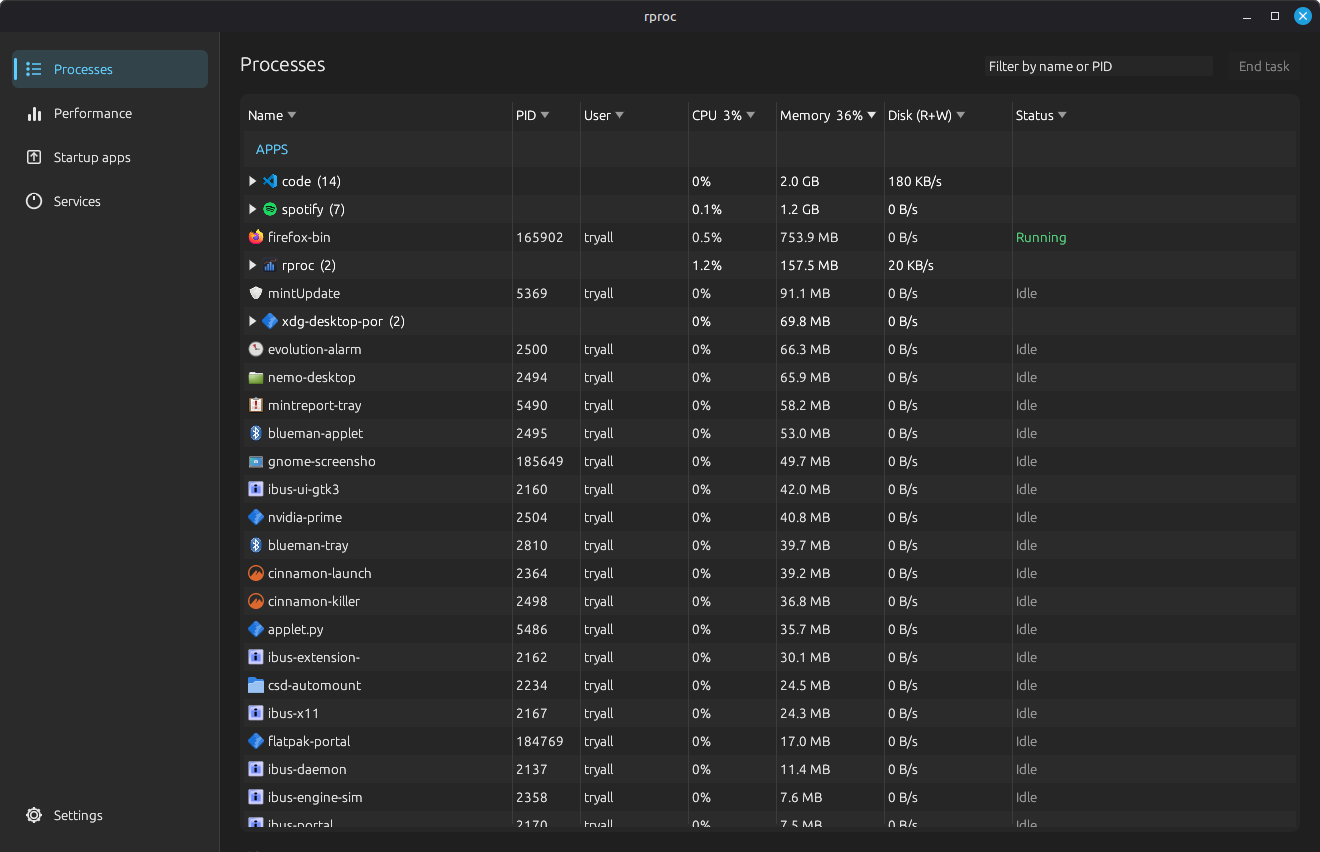 rproc Processes tab: grouped processes with freedesktop icons, CPU, memory, disk I/O and status columns